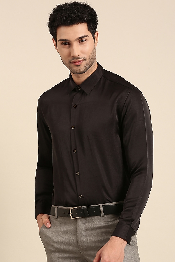 Black Silk Slub Party Wear Shirt by Mayank Modi at Pernia's Pop Up Shop
