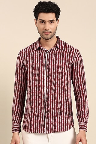 Maroon Muslin Printed Shirt by Mayank Modi
