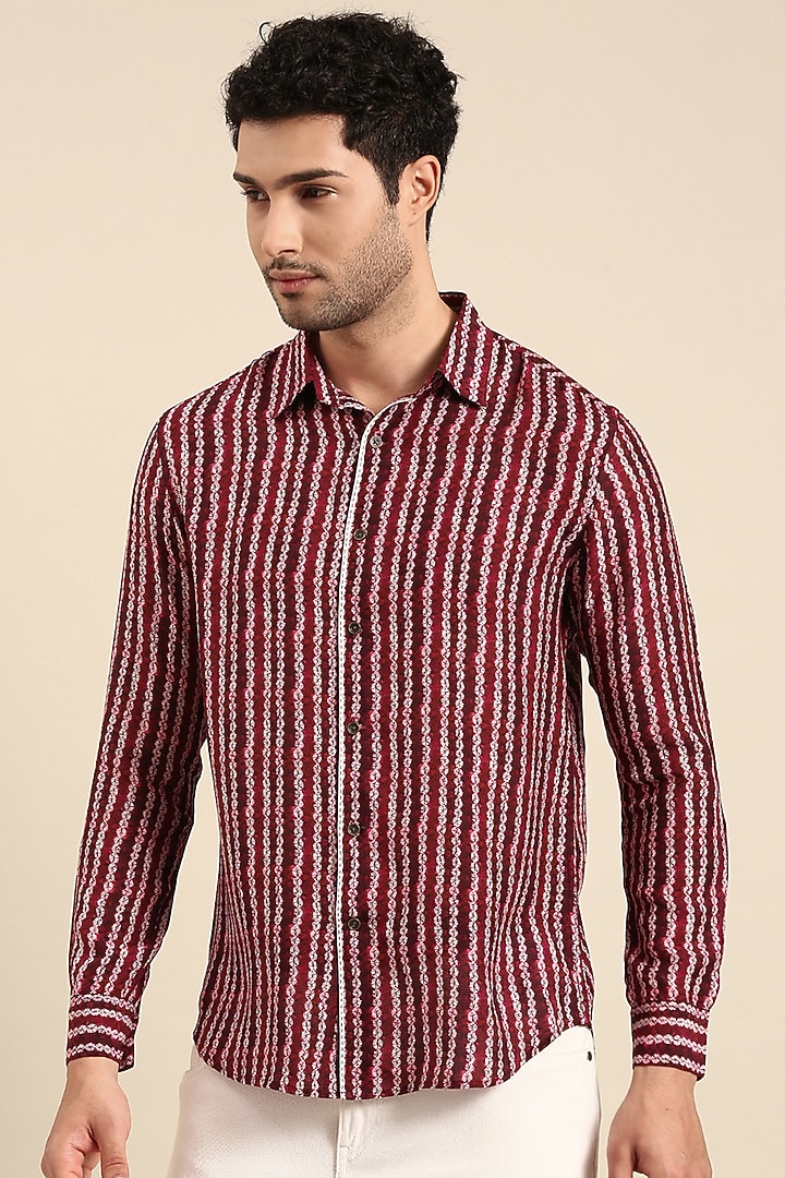 Maroon Muslin Printed Party Wear Shirt by Mayank Modi at Pernia's Pop Up Shop