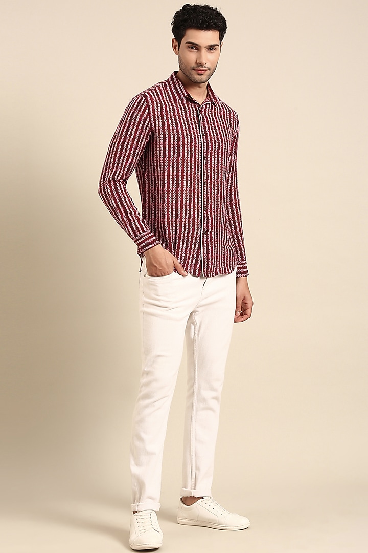 Maroon Muslin Printed Party Wear Shirt by Mayank Modi at Pernia's Pop Up Shop