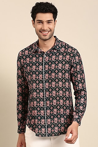 Dark Blue Muslin Printed Shirt by Mayank Modi
