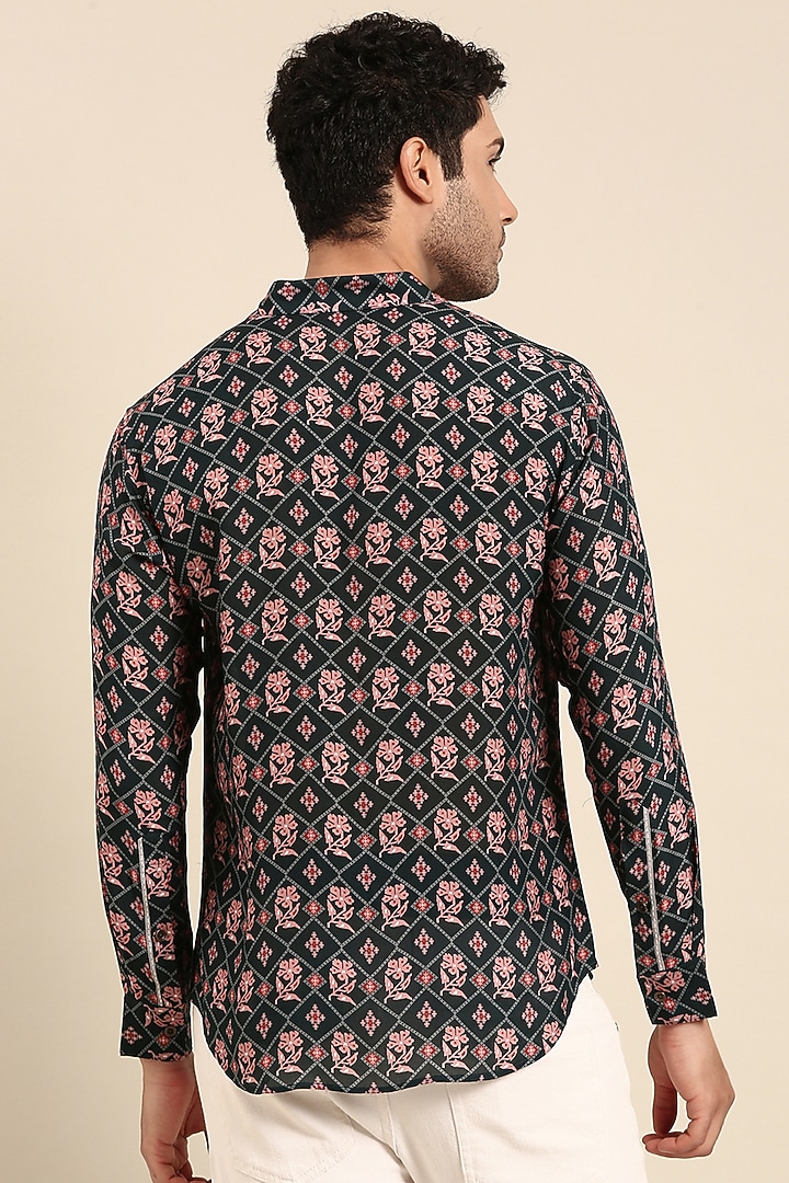 Dark Blue Muslin Printed Party Wear Shirt by Mayank Modi at Pernia's Pop Up Shop