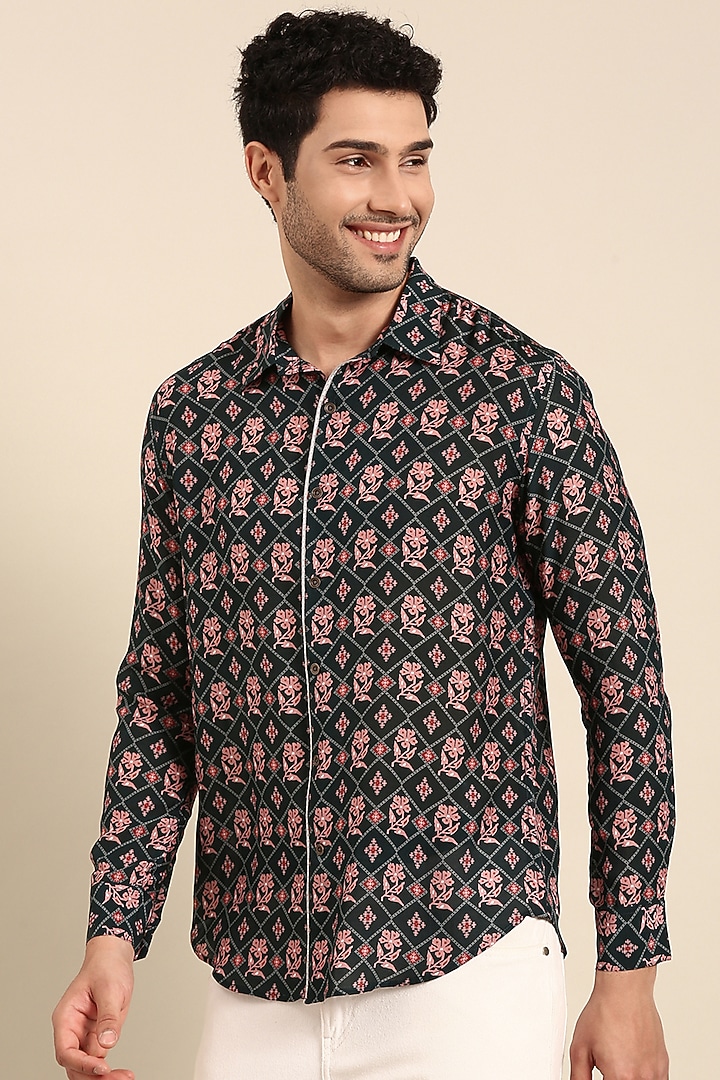 Dark Blue Muslin Printed Party Wear Shirt by Mayank Modi at Pernia's Pop Up Shop