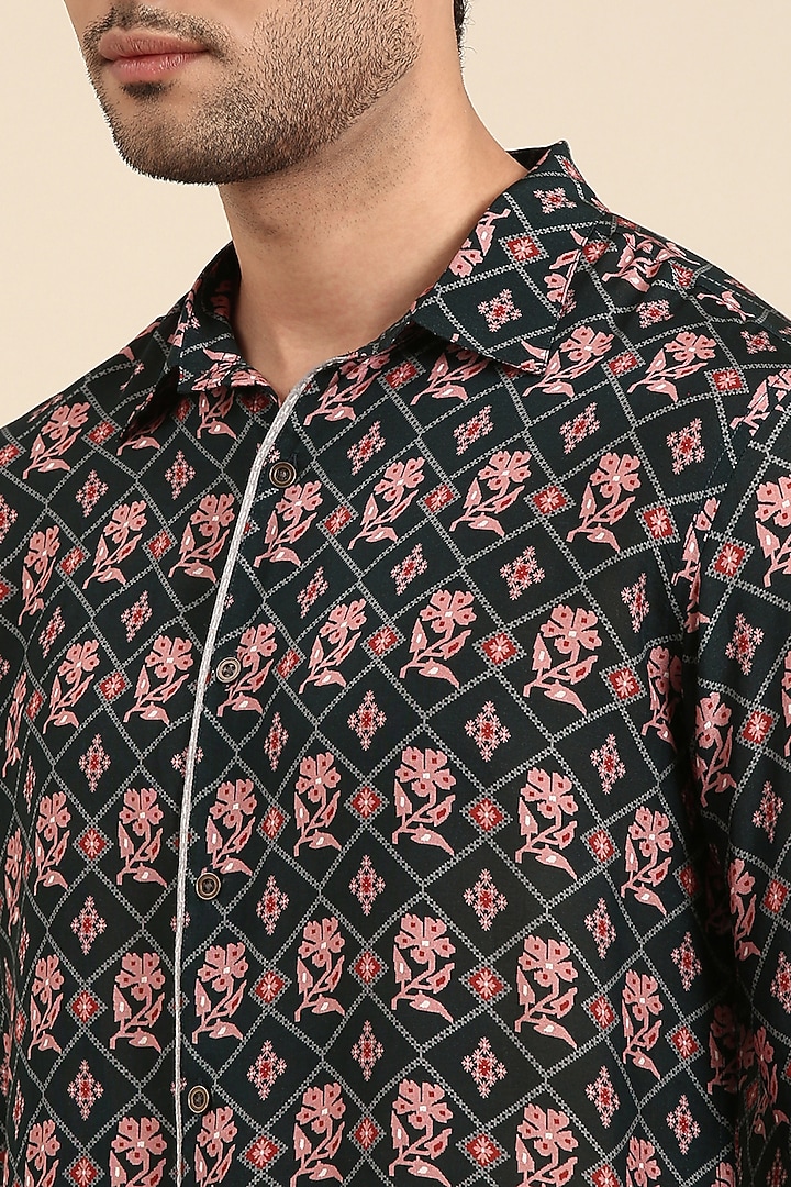 Dark Blue Muslin Printed Party Wear Shirt by Mayank Modi at Pernia's Pop Up Shop