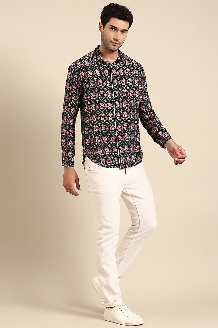 Dark Blue Muslin Printed Party Wear Shirt by Mayank Modi at Pernia's Pop Up Shop