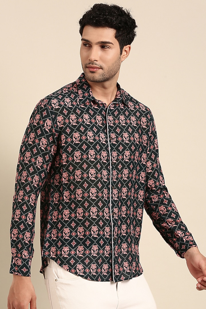 Dark Blue Muslin Printed Party Wear Shirt by Mayank Modi at Pernia's Pop Up Shop