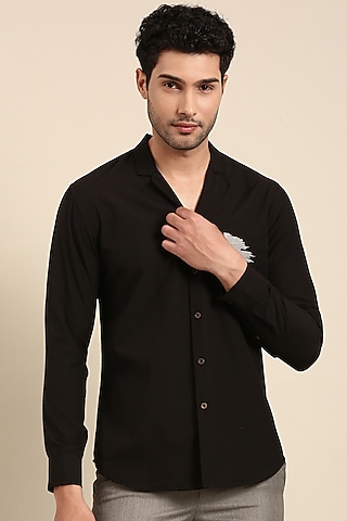 Black Malai Cotton Hand Embroidered Shirt by Mayank Modi