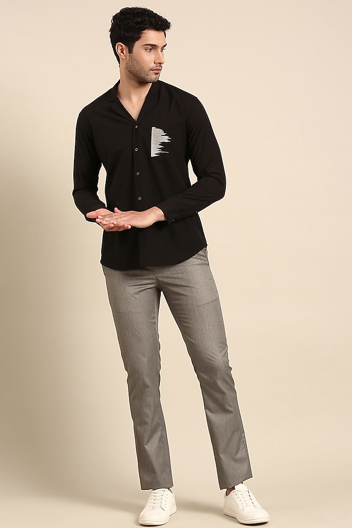 Black Malai Cotton Hand Embroidered Party Wear Shirt by Mayank Modi at Pernia's Pop Up Shop
