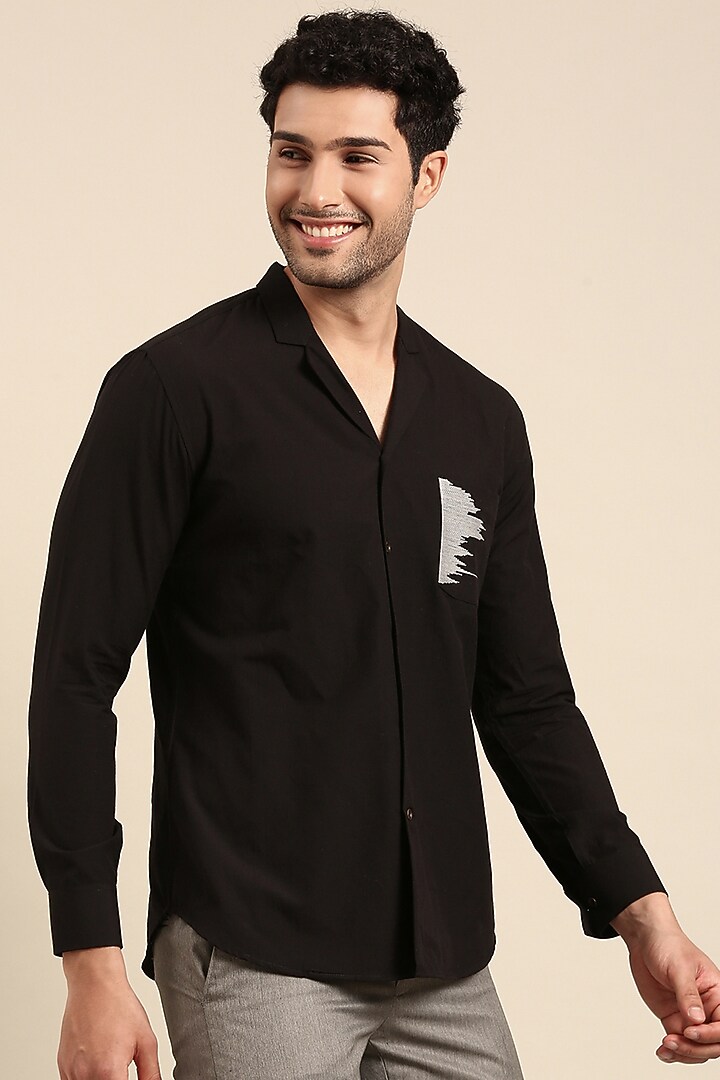 Black Malai Cotton Hand Embroidered Party Wear Shirt by Mayank Modi at Pernia's Pop Up Shop