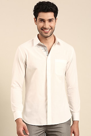 White Malai Cotton Hand Embroidered Shirt by Mayank Modi