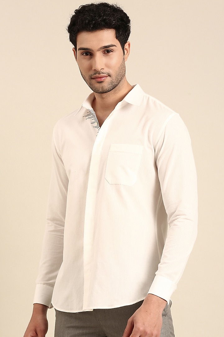 White Malai Cotton Hand Embroidered Party Wear Shirt by Mayank Modi at Pernia's Pop Up Shop