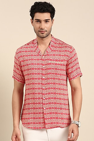 Red Muslin Printed Shirt by Mayank Modi