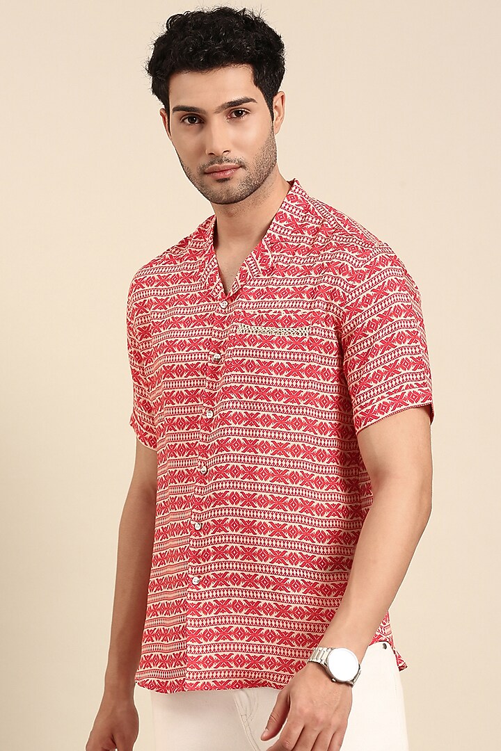 Red Muslin Printed Party Wear Shirt by Mayank Modi at Pernia's Pop Up Shop