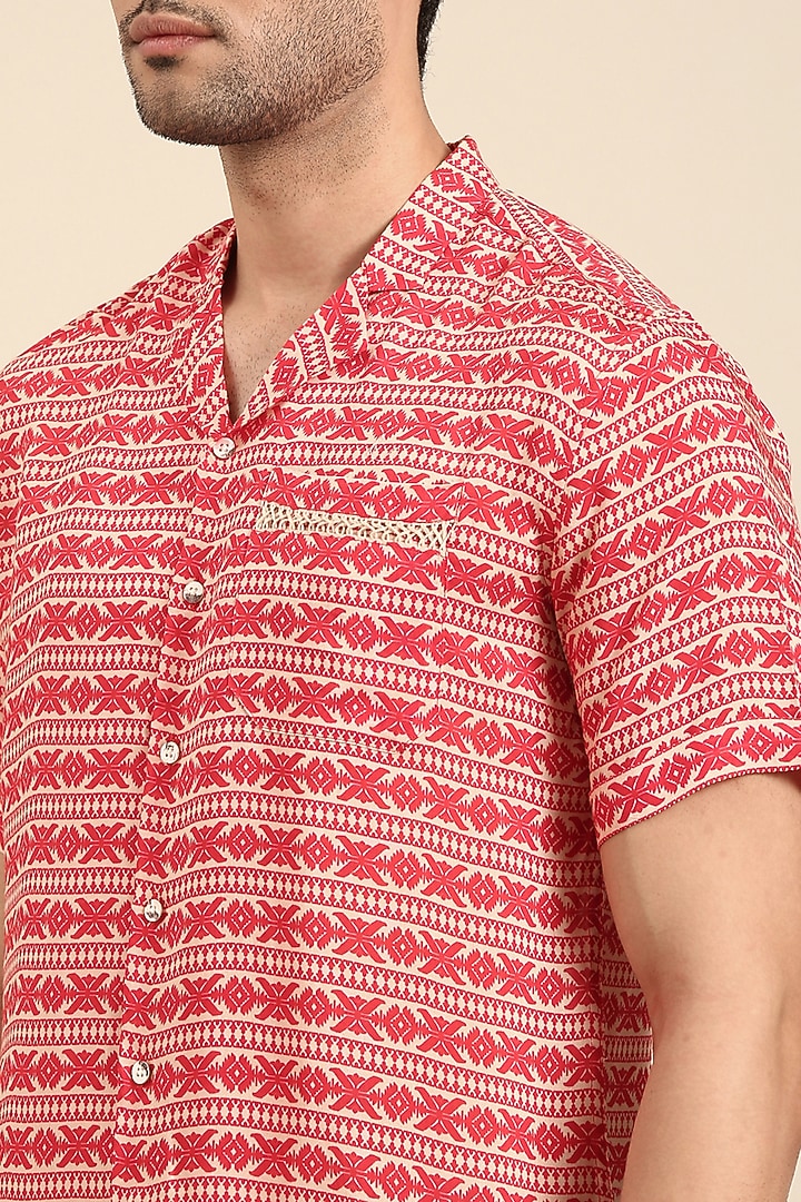 Red Muslin Printed Party Wear Shirt by Mayank Modi at Pernia's Pop Up Shop