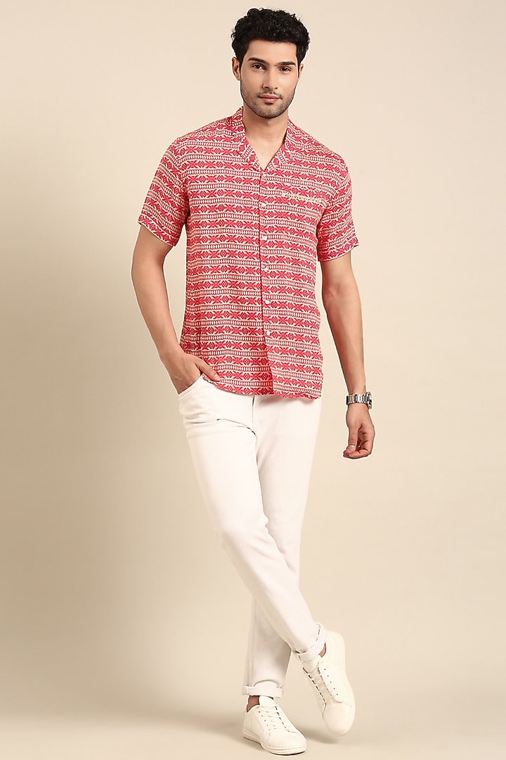 Red Muslin Printed Party Wear Shirt by Mayank Modi at Pernia's Pop Up Shop