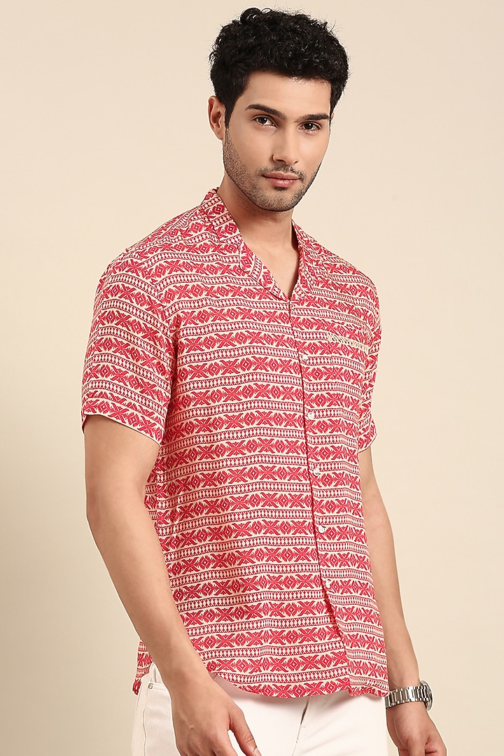 Red Muslin Printed Party Wear Shirt by Mayank Modi at Pernia's Pop Up Shop