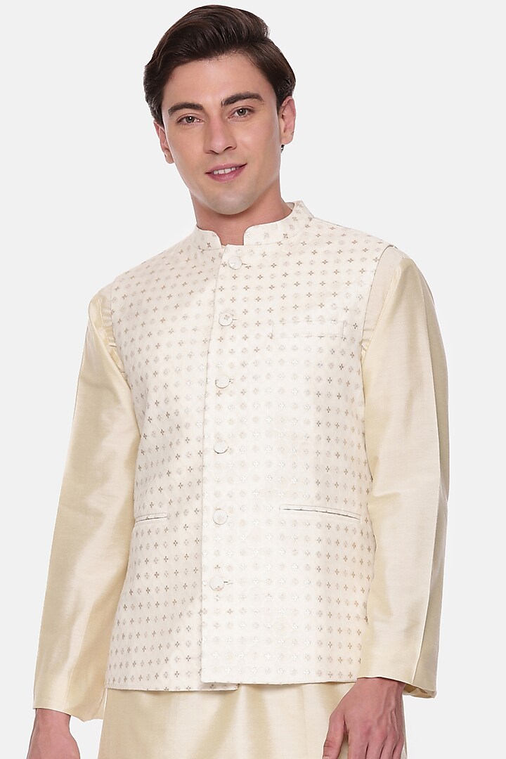 Ivory Silk Jacquard Embroidered Nehru Jacket by Mayank Modi at Pernia's Pop Up Shop