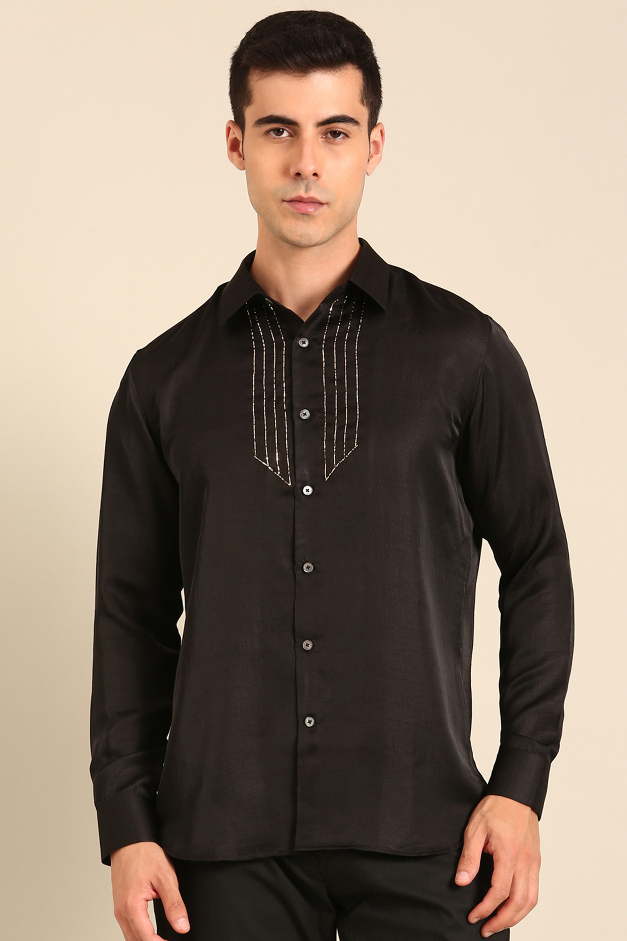 Black Bemberg Silk Shirt by Mayank Modi