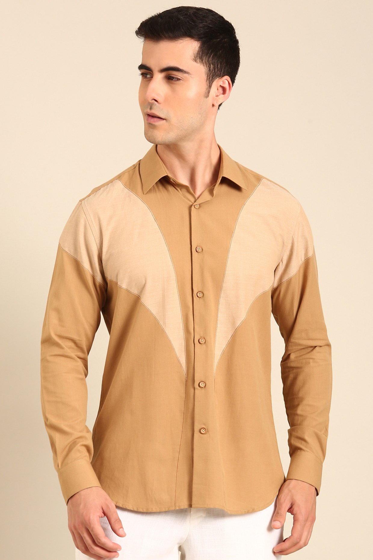 Beige-Khaki Malai Cotton Shirt by Mayank Modi