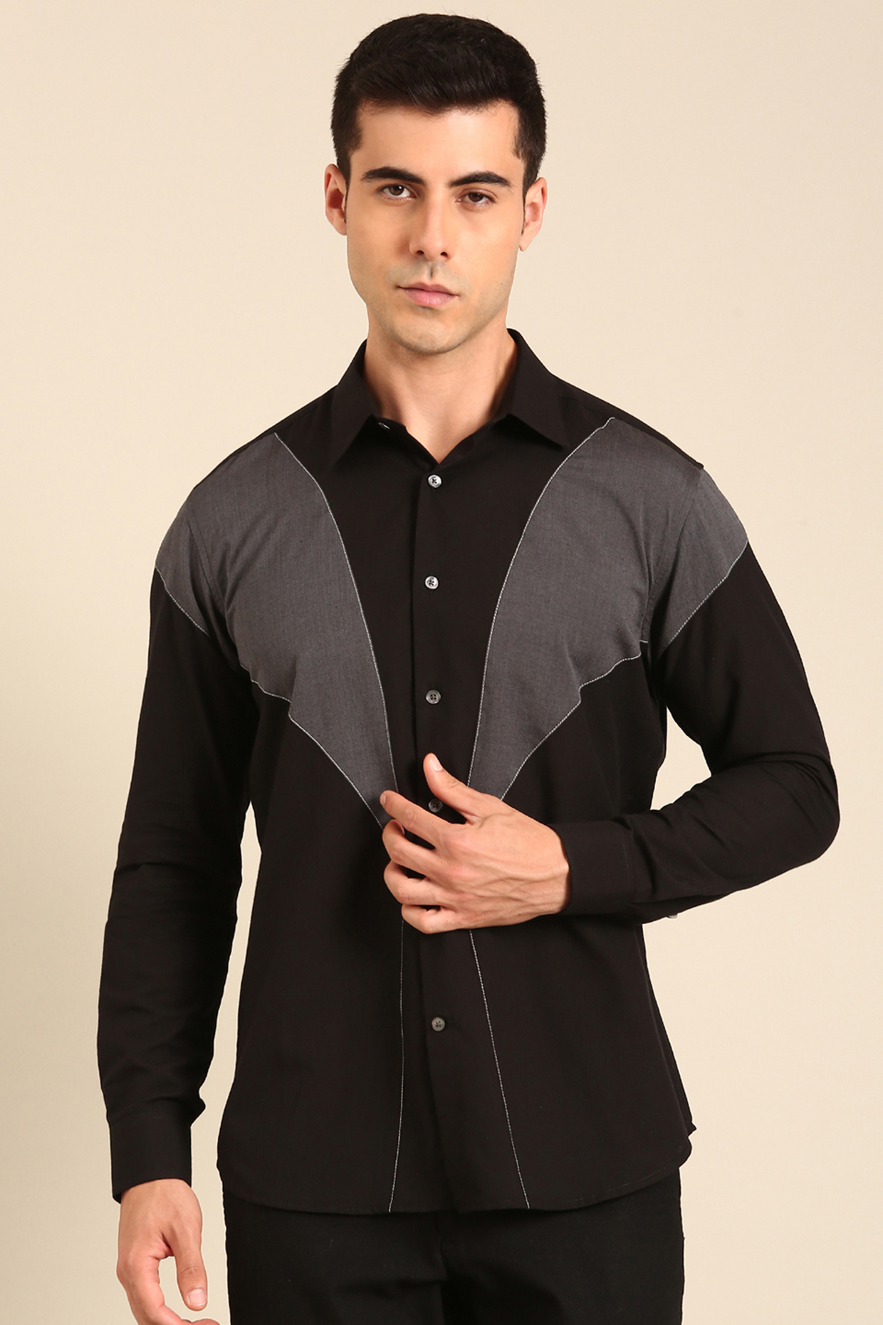 Black & Charcoal Malai Cotton Shirt by Mayank Modi