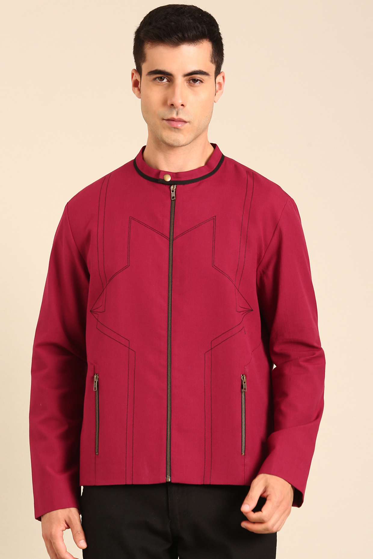 Wine Malai Cotton Bomber Jacket by Mayank Modi