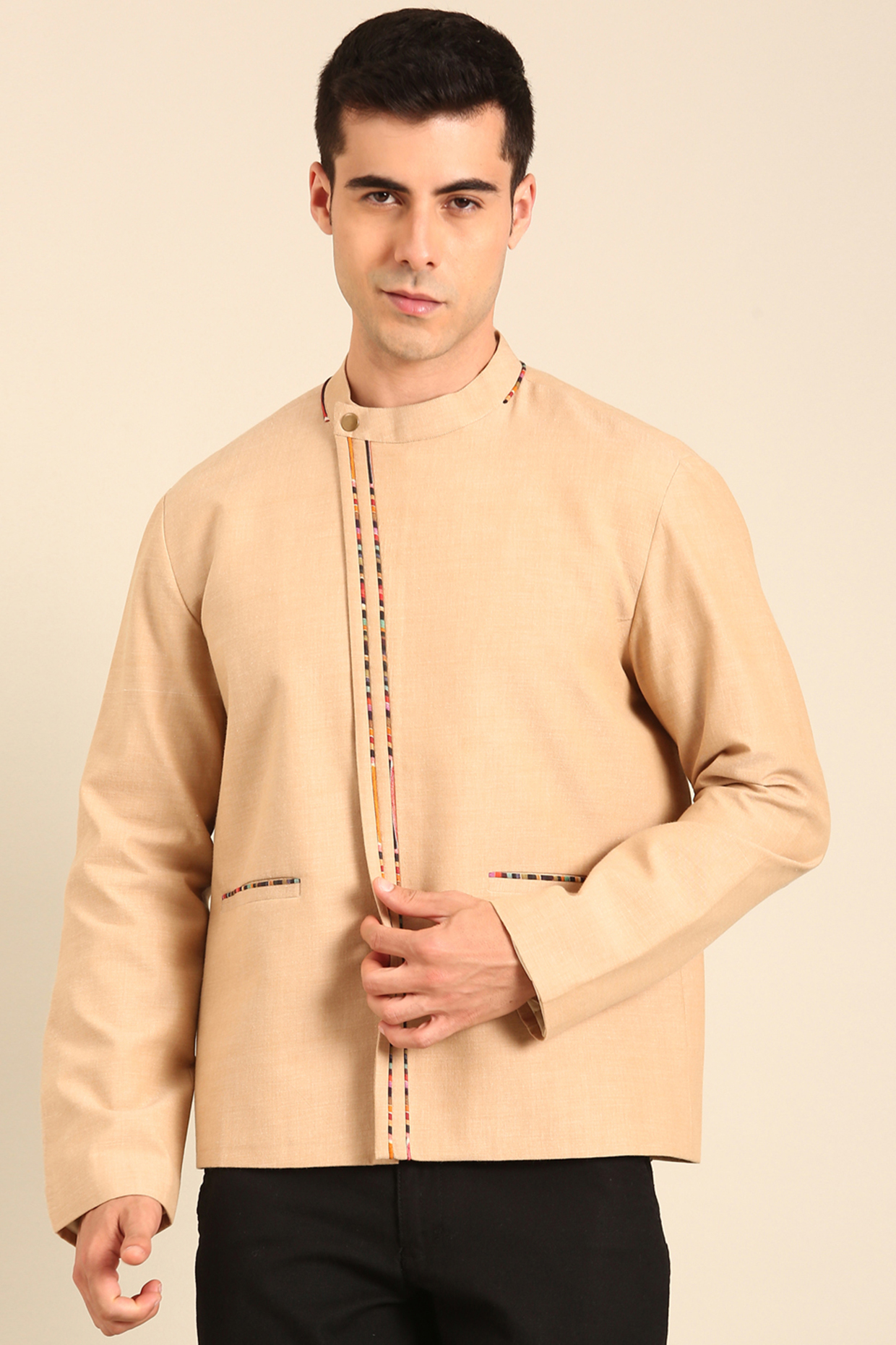 Beige Malai Cotton Printed Bomber Jacket by Mayank Modi