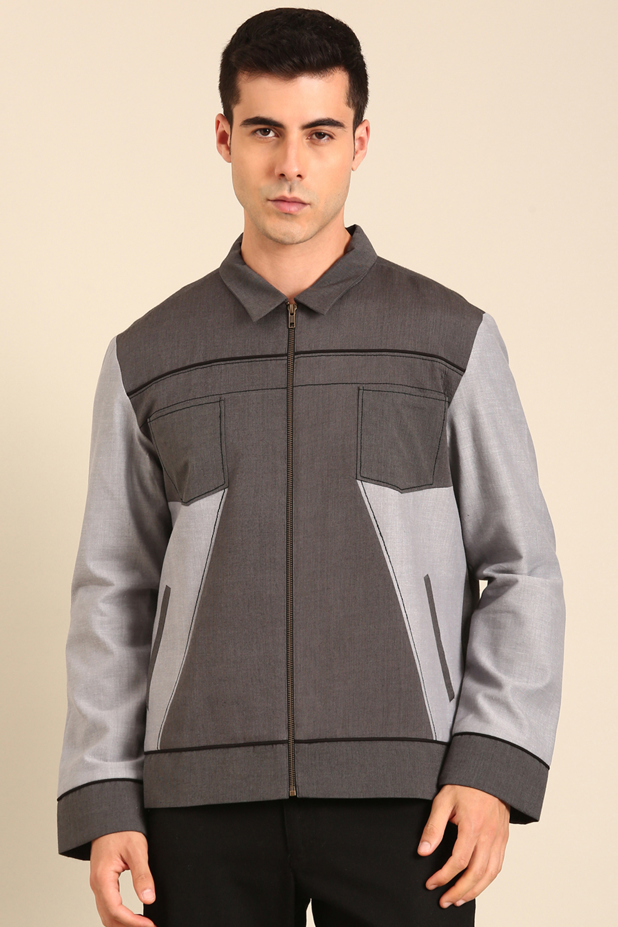 Grey Malai Cotton Bomber Jacket by Mayank Modi