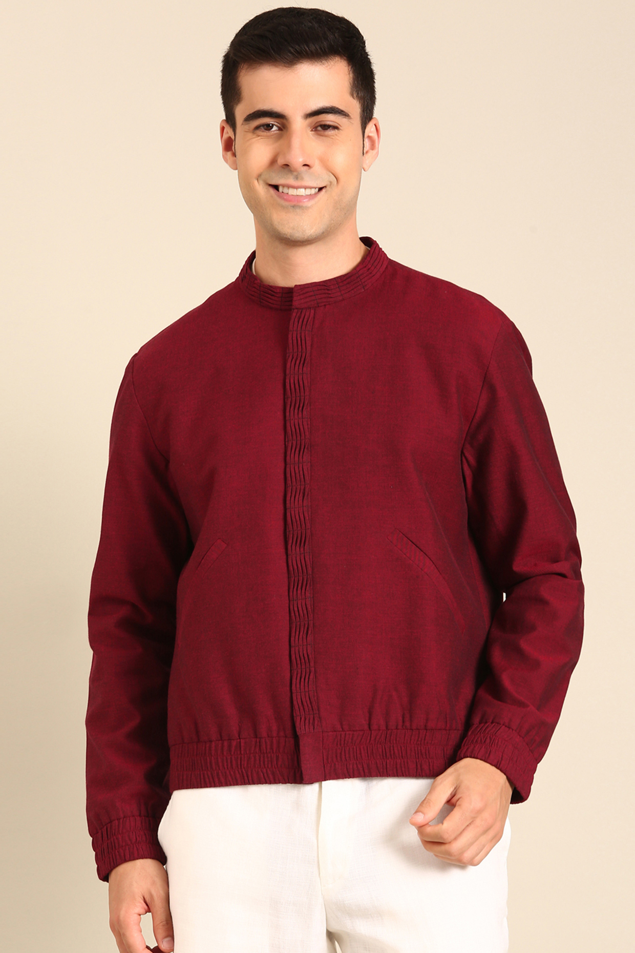 Wine Malai Cotton Bomber Jacket by Mayank Modi