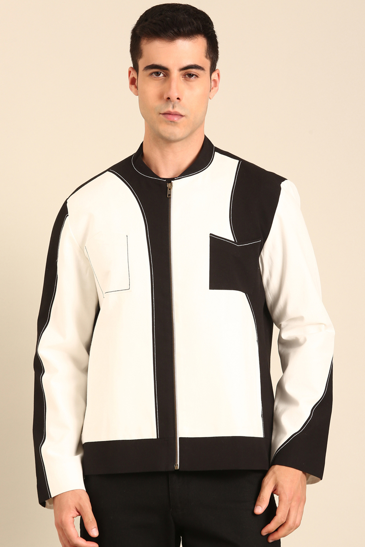 White & Black Malai Cotton Bomber Jacket by Mayank Modi