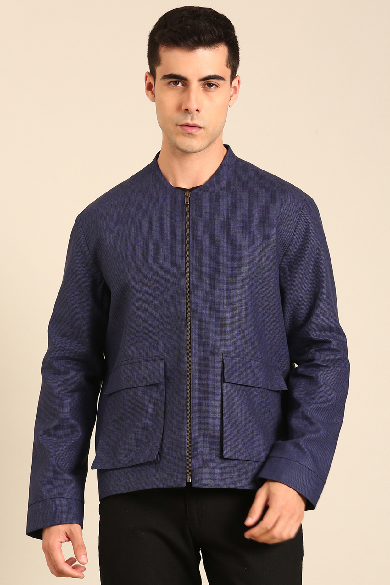 Blue Linen Bomber Jacket by Mayank Modi