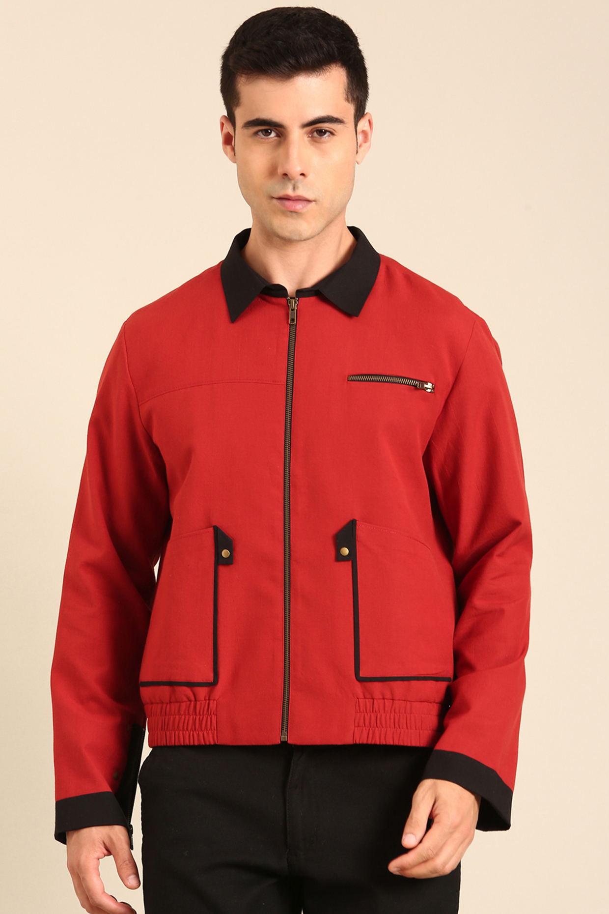 Red & Black Malai Cotton Bomber Jacket by Mayank Modi