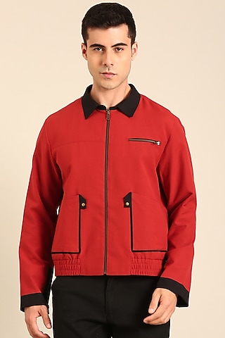 Red & Black Malai Cotton Bomber Jacket by Mayank Modi