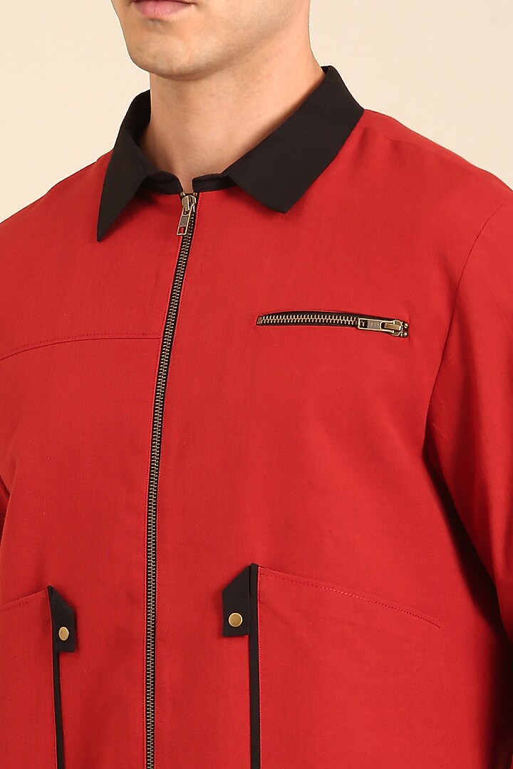 Red & Black Malai Cotton Bomber Jacket by Mayank Modi at Pernia's Pop Up Shop
