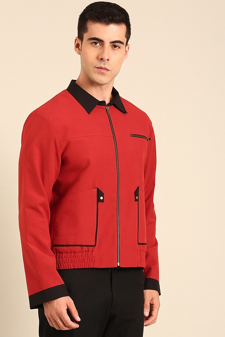 Red & Black Malai Cotton Bomber Jacket by Mayank Modi at Pernia's Pop Up Shop