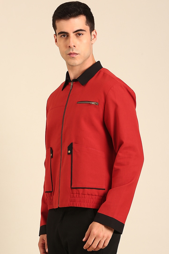 Red & Black Malai Cotton Bomber Jacket by Mayank Modi at Pernia's Pop Up Shop