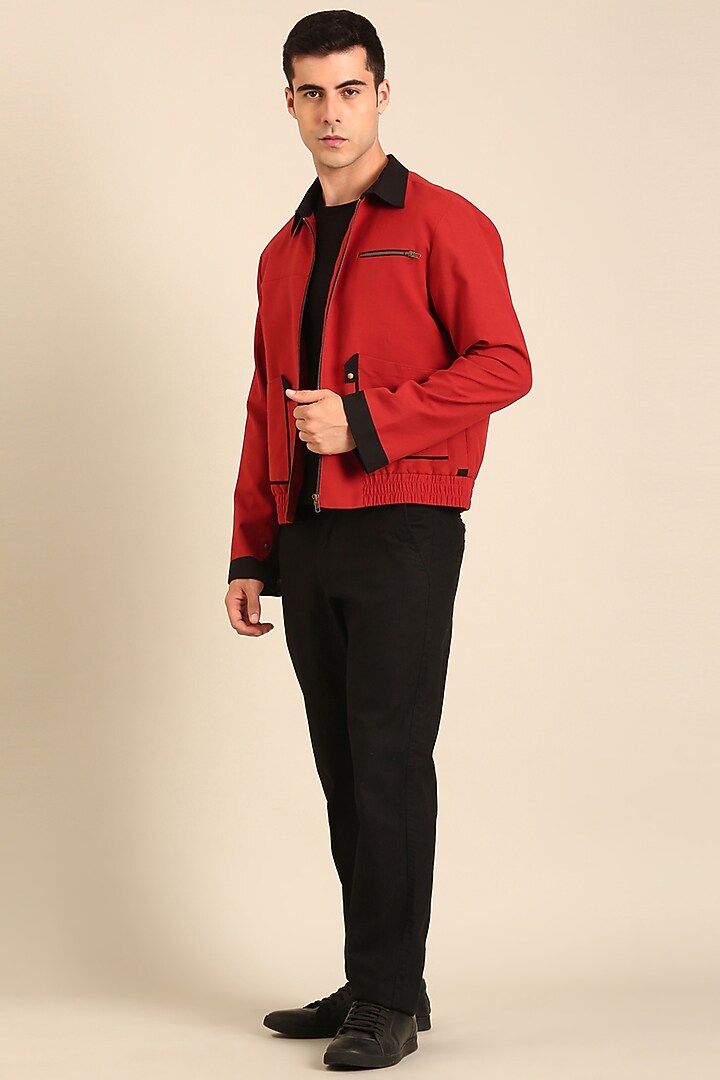 Red & Black Malai Cotton Bomber Jacket by Mayank Modi at Pernia's Pop Up Shop