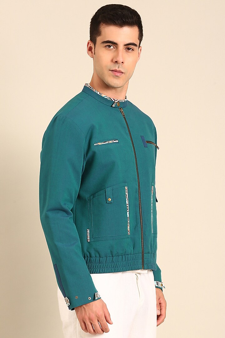 Blue Malai Cotton Bomber Jacket by Mayank Modi at Pernia's Pop Up Shop