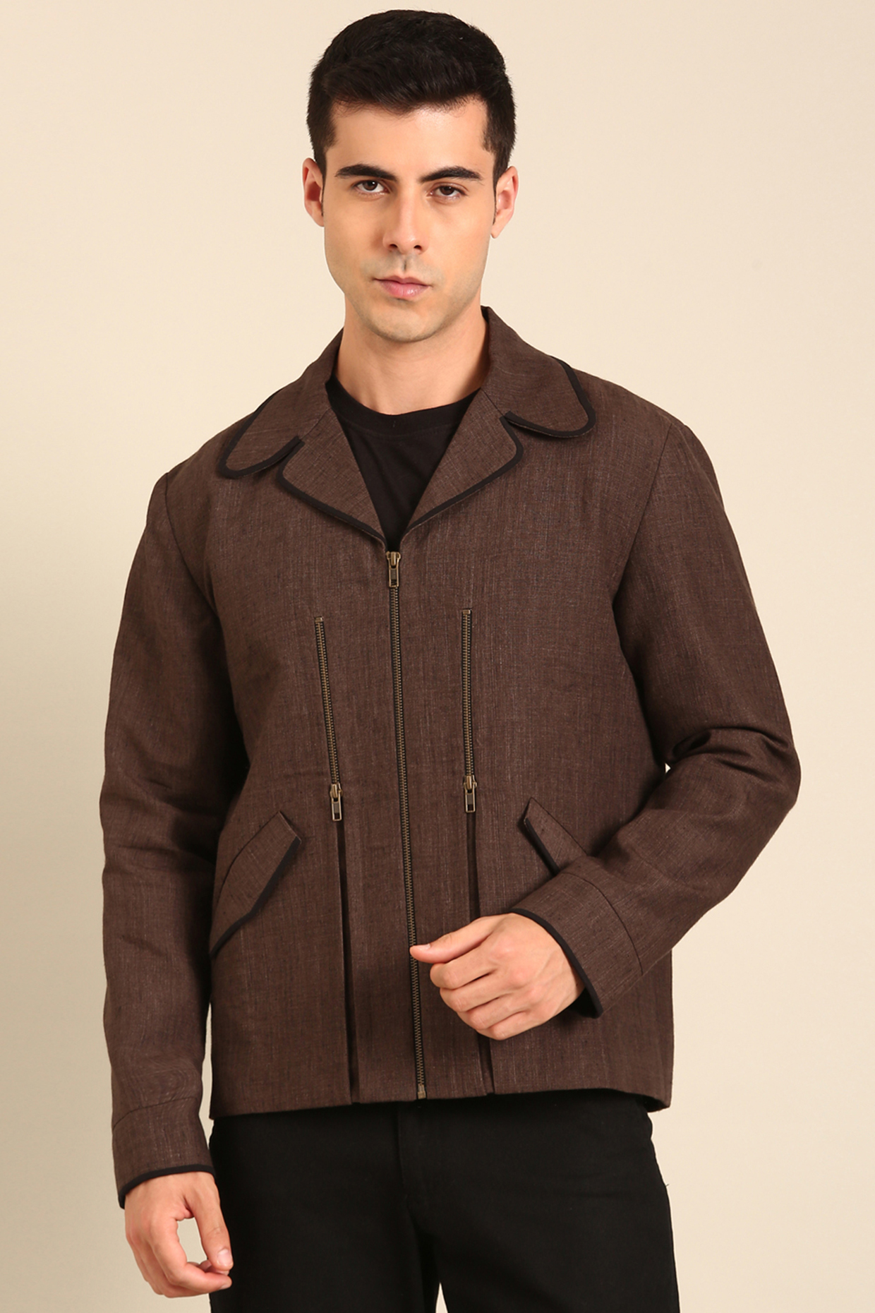 Brown Linen Bomber Jacket by Mayank Modi