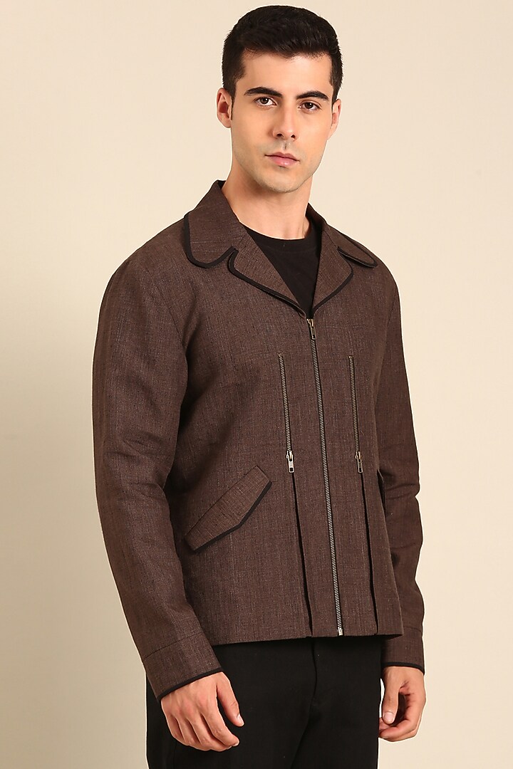 Brown Linen Bomber Jacket by Mayank Modi at Pernia's Pop Up Shop