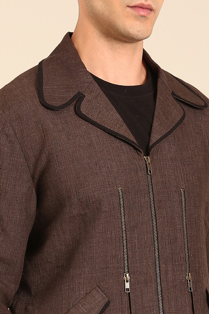 Brown Linen Bomber Jacket by Mayank Modi at Pernia's Pop Up Shop