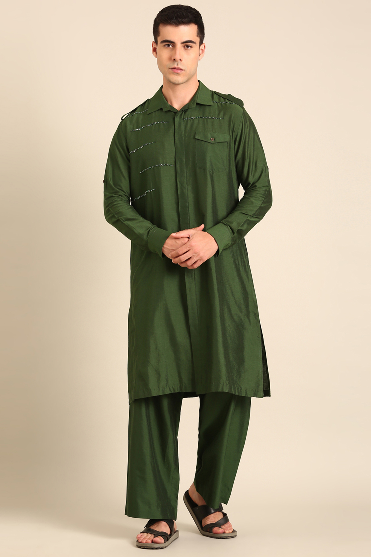Green Silk & Cotton Embroidered Kurta Set by Mayank Modi
