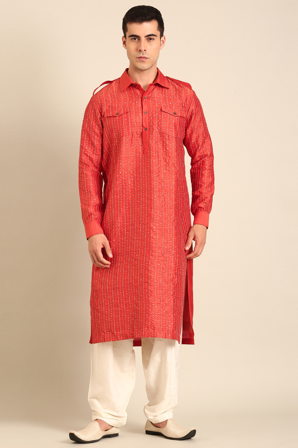 Rust Orange Bemberg Silk Embroidered Kurta Set by Mayank Modi