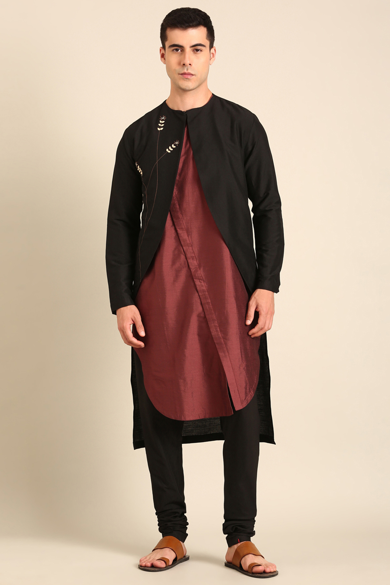 Black& Brown Silk Kurta Set by Mayank Modi