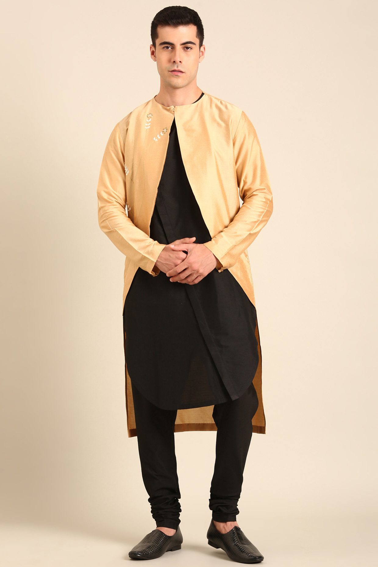 Gold & Black Silk Kurta Set by Mayank Modi