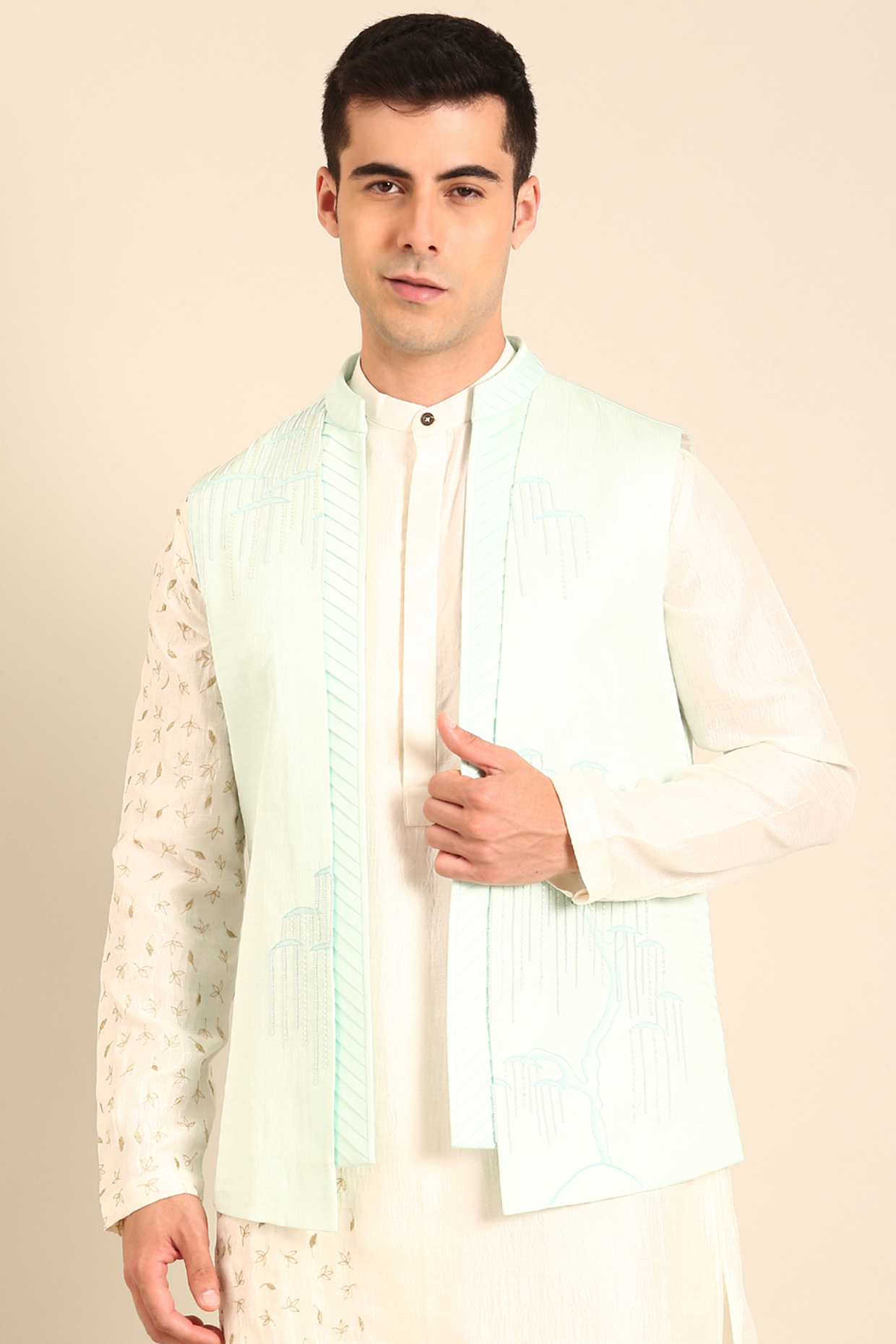 Blue Bemberg Silk Short Open Jacket by Mayank Modi