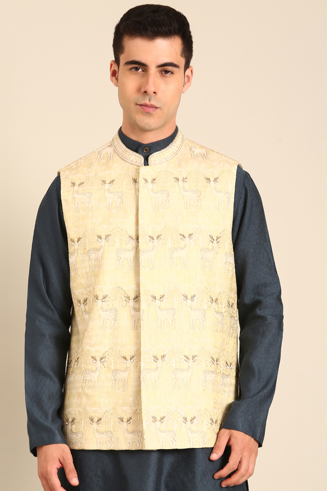 Green & Gold Silk Jacquard Nehru Jacket by Mayank Modi