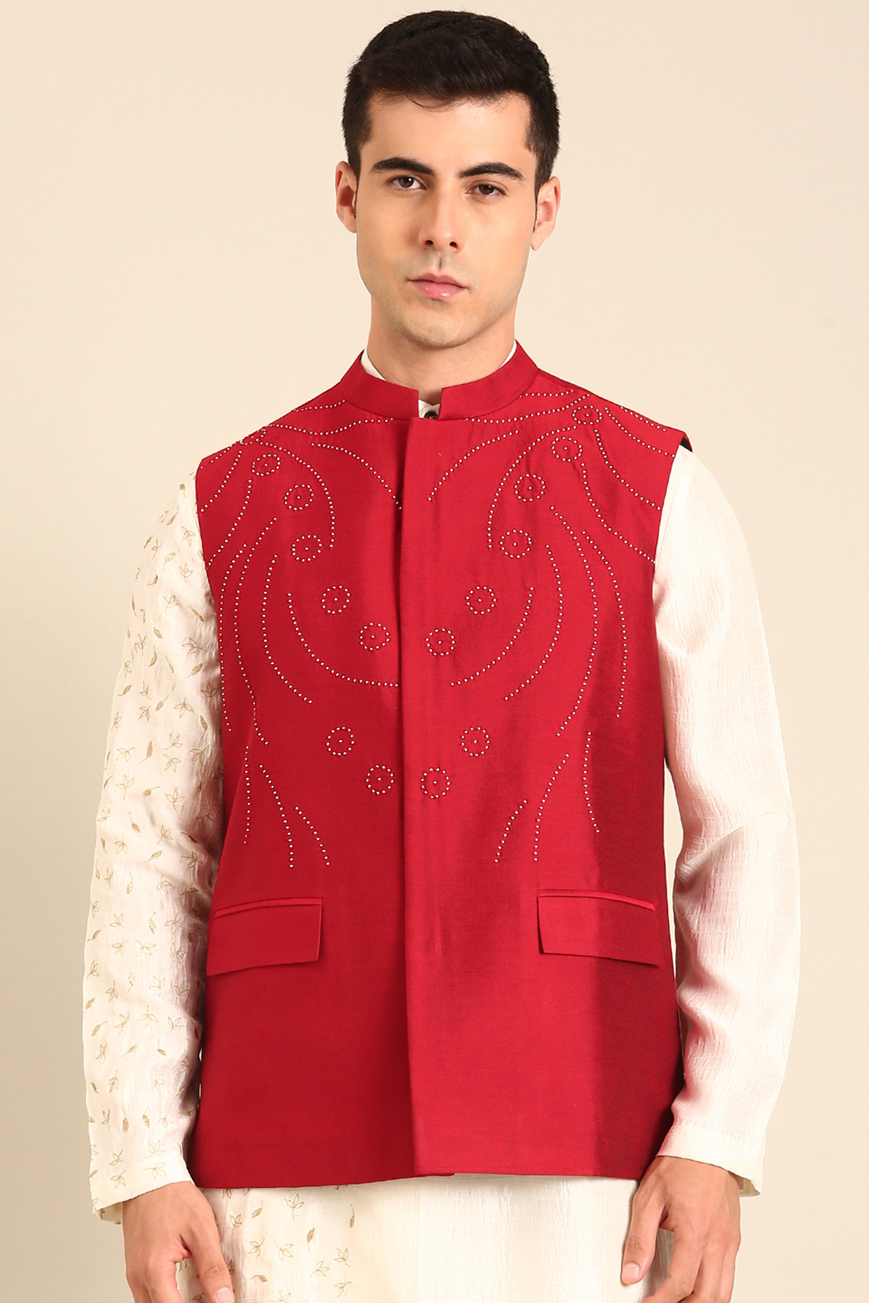 Red Silk & Cotton Nehru Jacket by Mayank Modi