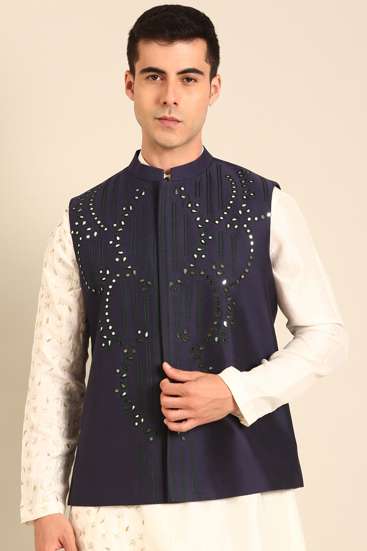 Blue Silk & Cotton Nehru Jacket by Mayank Modi