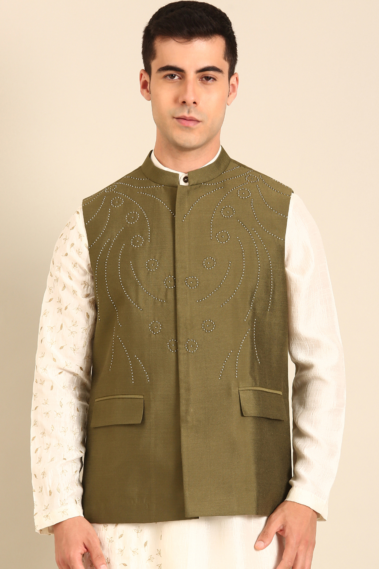 Green Silk & Cotton Nehru Jacket by Mayank Modi