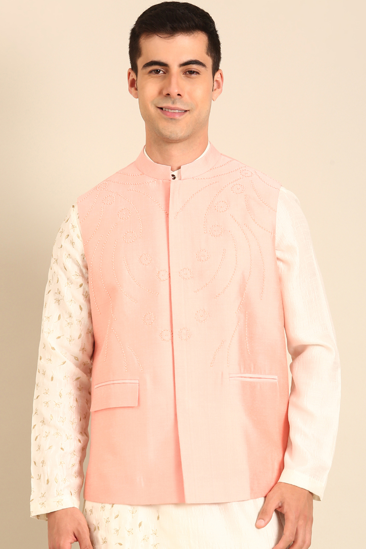 Baby Pink Silk & Cotton Nehru Jacket by Mayank Modi